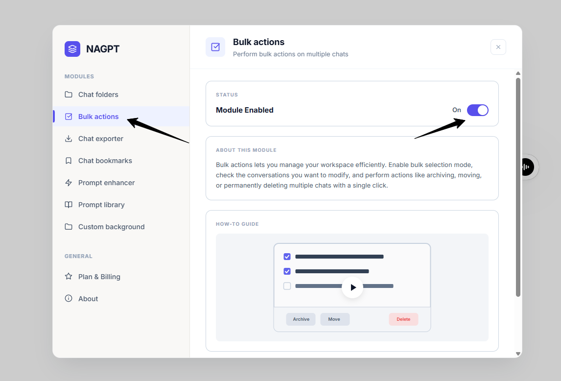 Bulk Actions toggle, sidebar checkboxes, and bottom toolbar