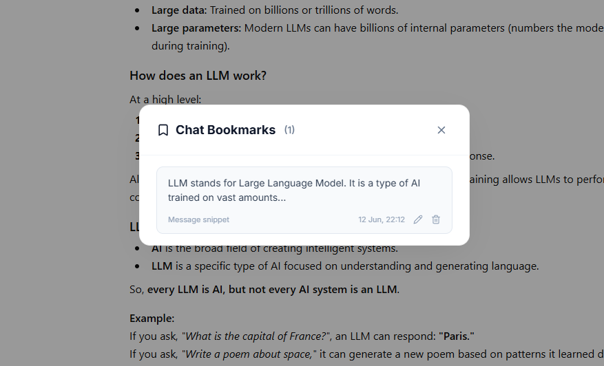 Bookmarks header button and Chat Bookmarks modal