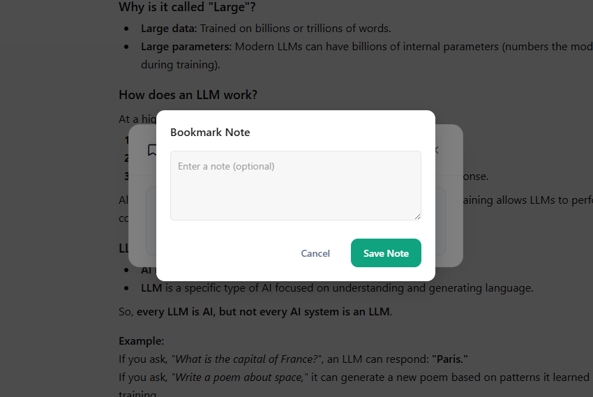 Bookmark note option in the Chat Bookmarks modal
