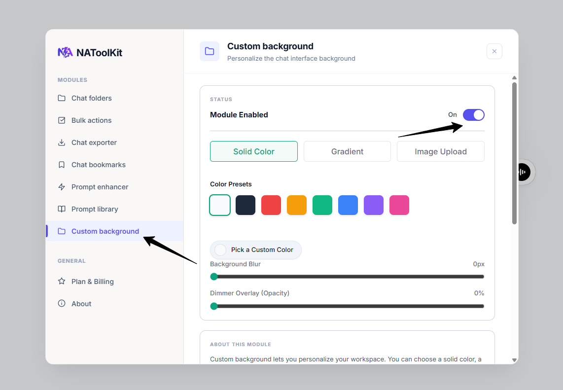 Custom Background controls, including color, gradient, image upload, blur, and dimmer settings