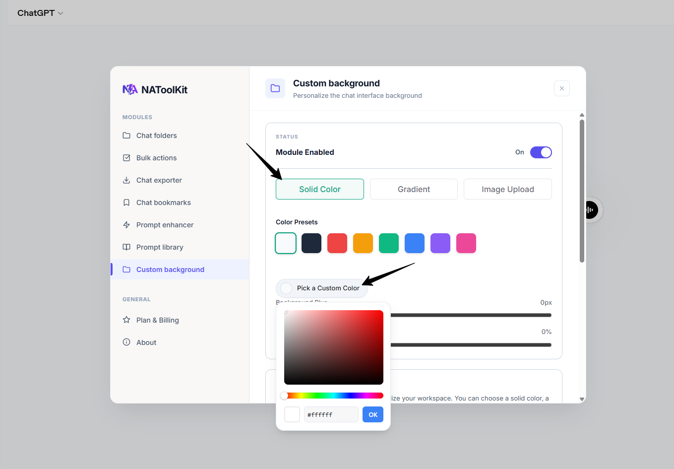 Custom Background controls, including color, gradient, image upload, blur, and dimmer settings