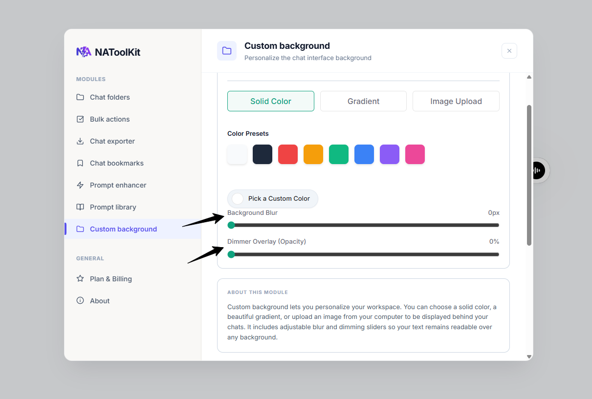 Custom Background controls, including color, gradient, image upload, blur, and dimmer settings