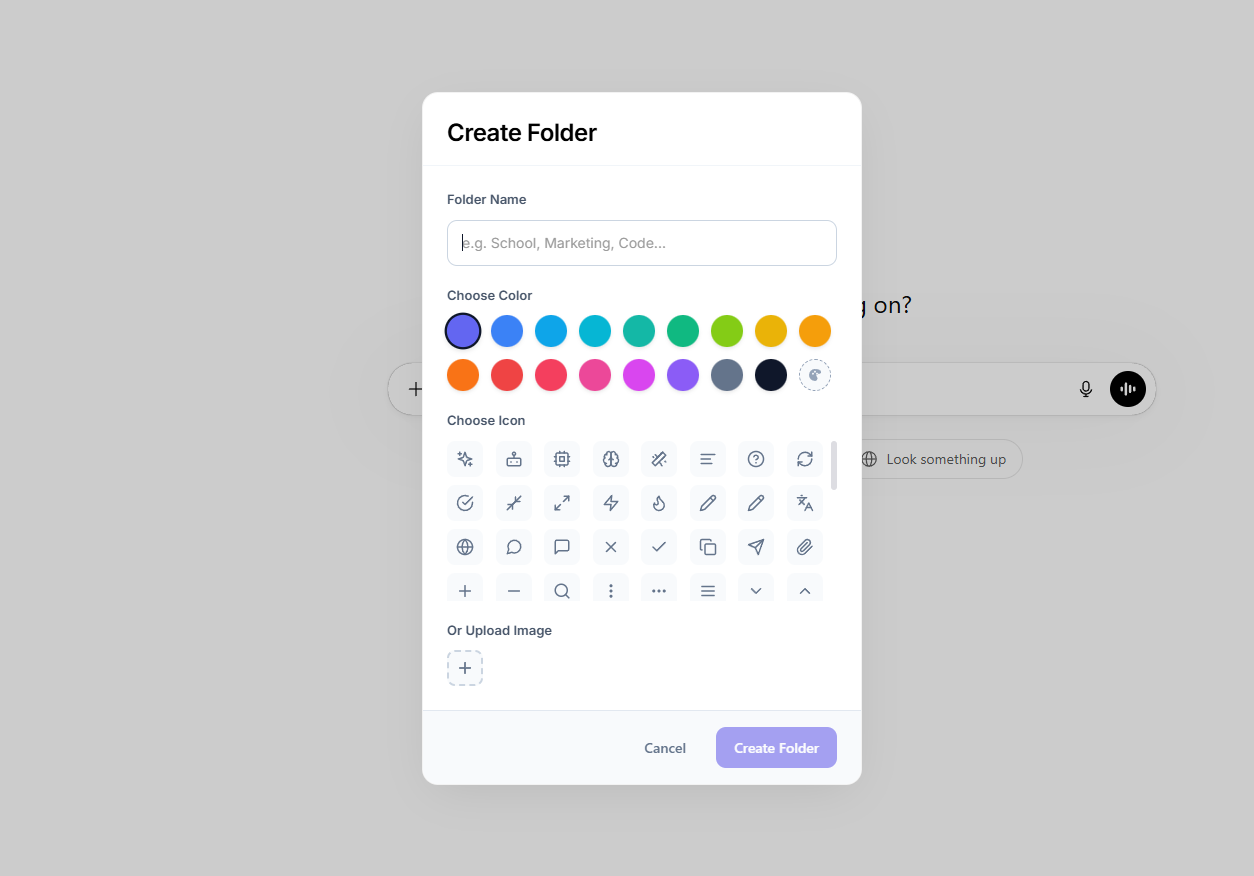 Create folder modal with name, color, icon, and upload controls