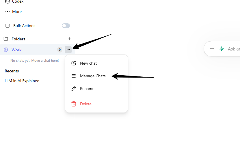 Folder menu and Manage Chats search modal