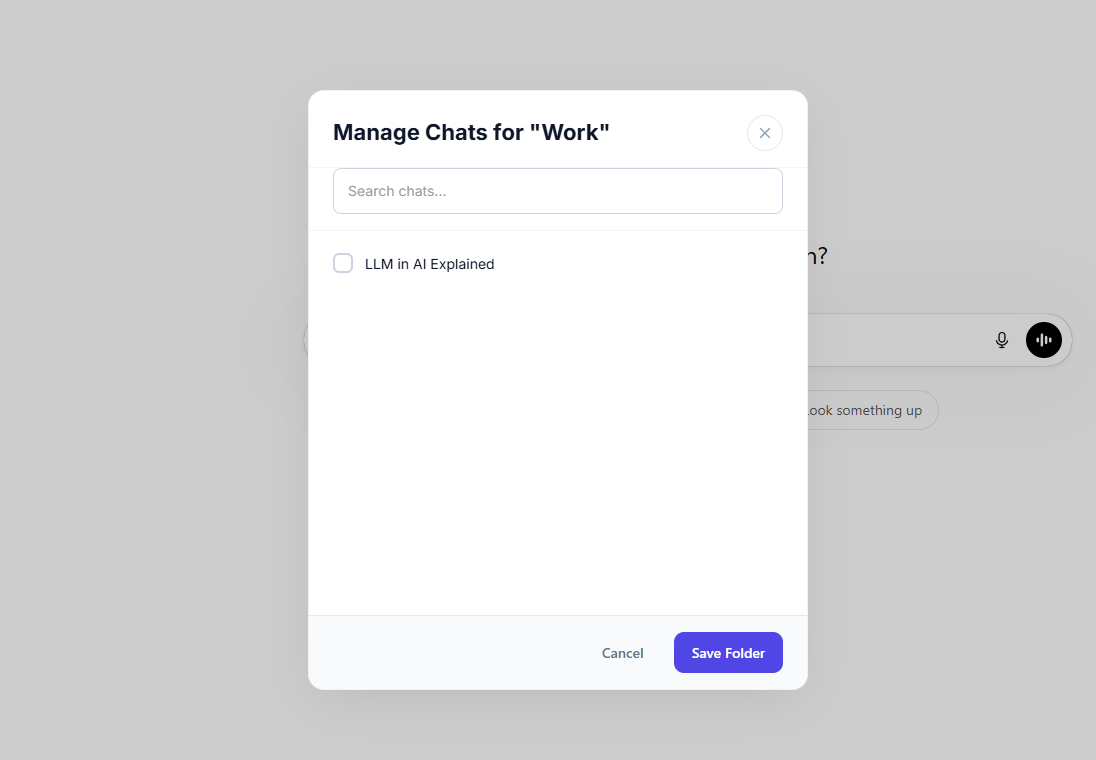 Folder menu and Manage Chats search modal