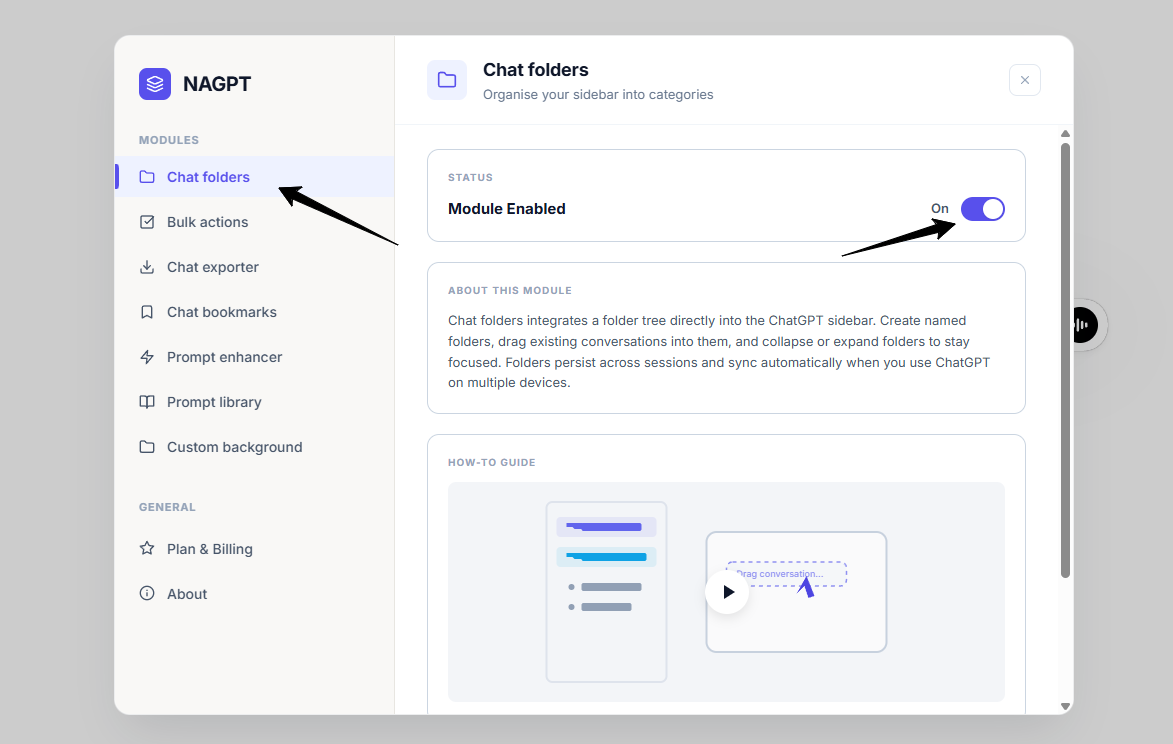 Chat folders tab with the status toggle enabled