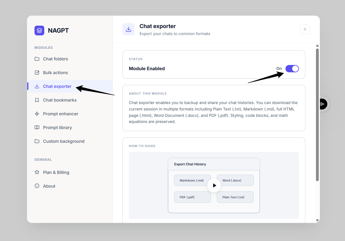 Export button and format dropdown