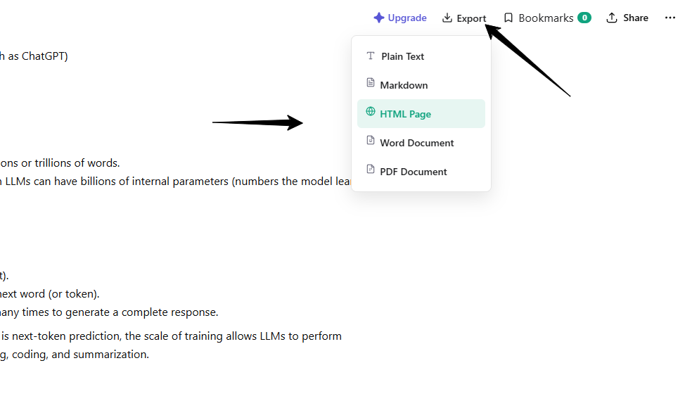 Export button and format dropdown