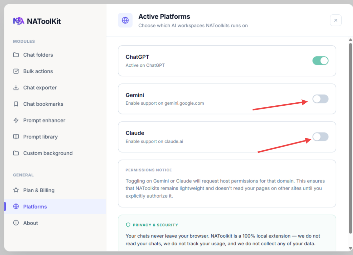 Platform toggle switched on for Gemini or Claude