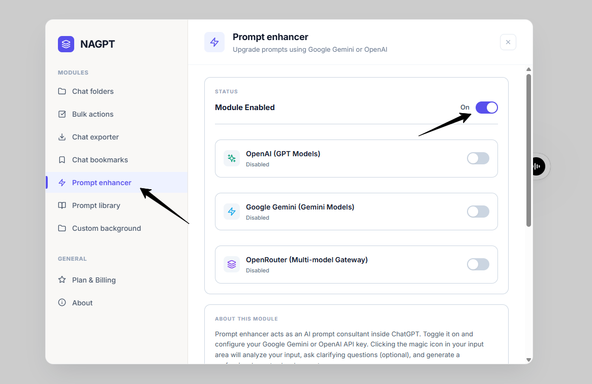 Zap button beside the ChatGPT input and the Prompt Enhancer modal