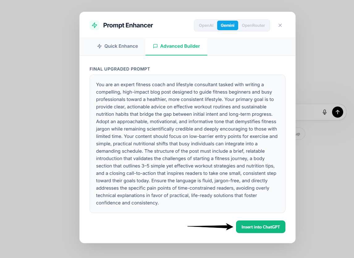 Zap button beside the ChatGPT input and the Prompt Enhancer modal
