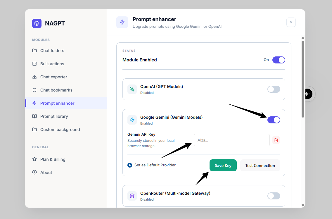 Zap button beside the ChatGPT input and the Prompt Enhancer modal