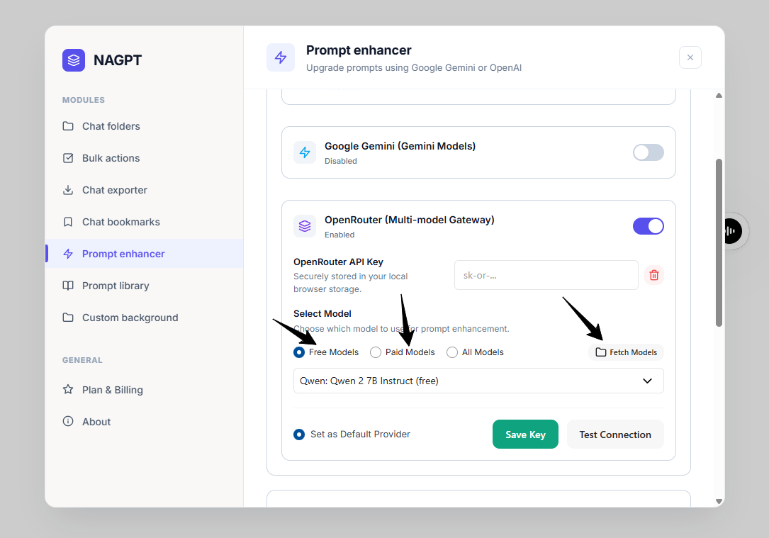 Zap button beside the ChatGPT input and the Prompt Enhancer modal