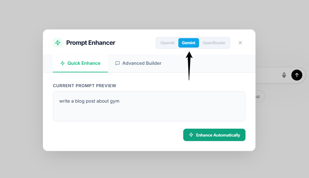 Zap button beside the ChatGPT input and the Prompt Enhancer modal