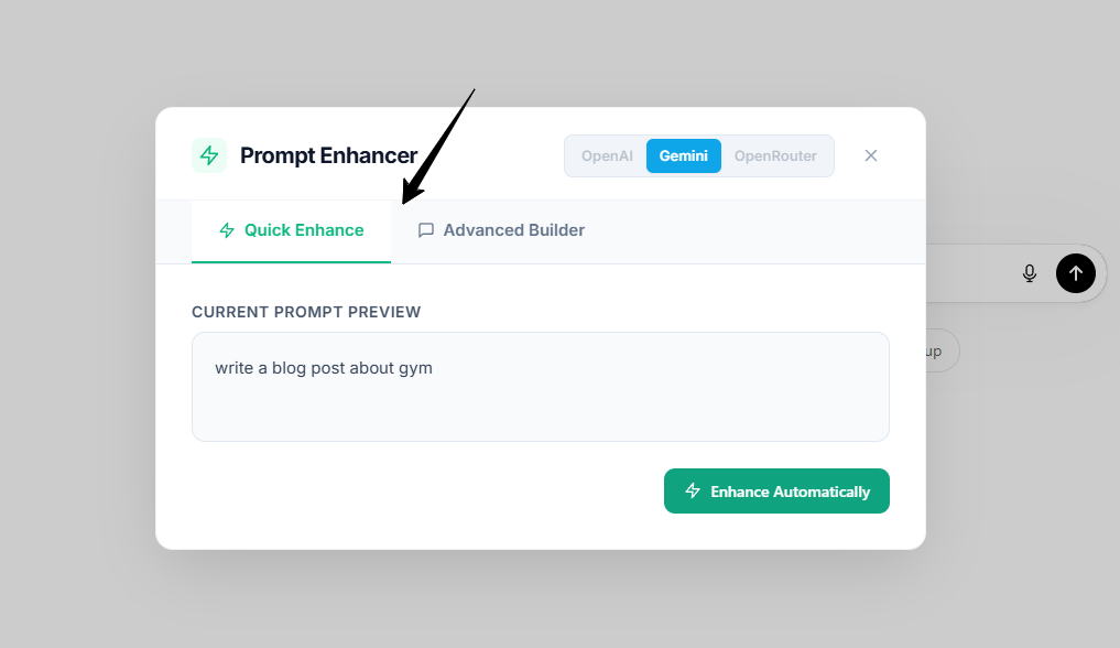 Zap button beside the ChatGPT input and the Prompt Enhancer modal