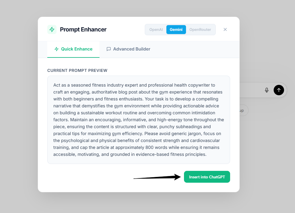 Zap button beside the ChatGPT input and the Prompt Enhancer modal