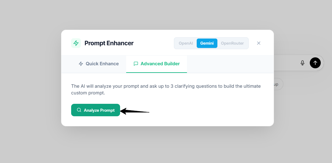 Zap button beside the ChatGPT input and the Prompt Enhancer modal