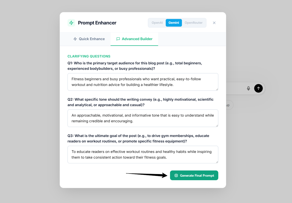 Zap button beside the ChatGPT input and the Prompt Enhancer modal