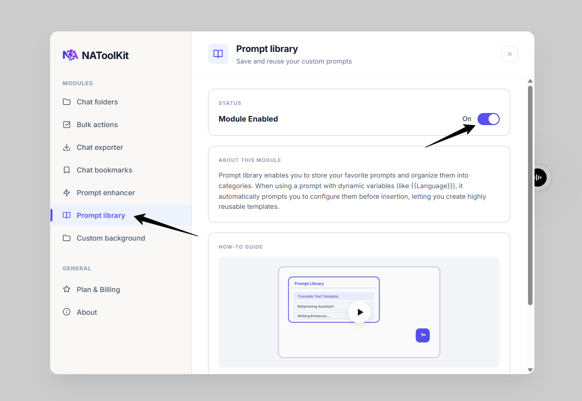 Floating Prompt Library button and modal