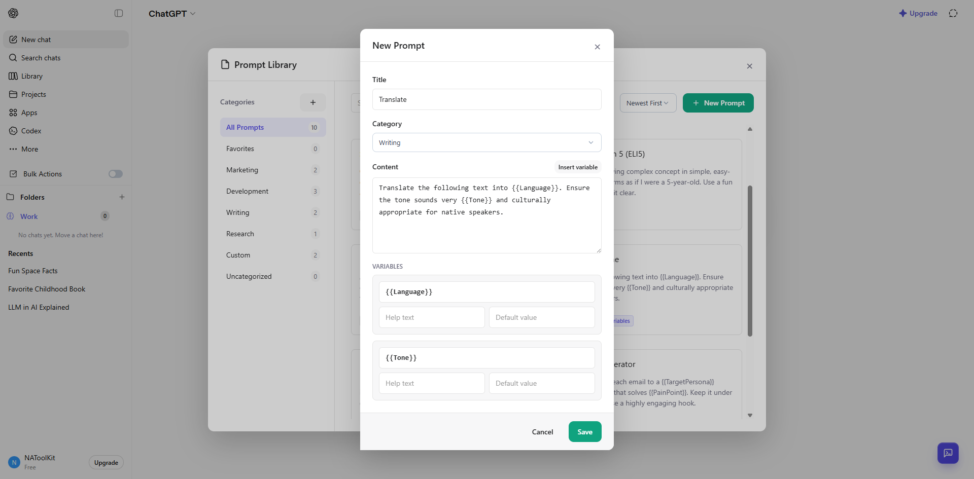 Prompt creation, variables, categories, and favorites