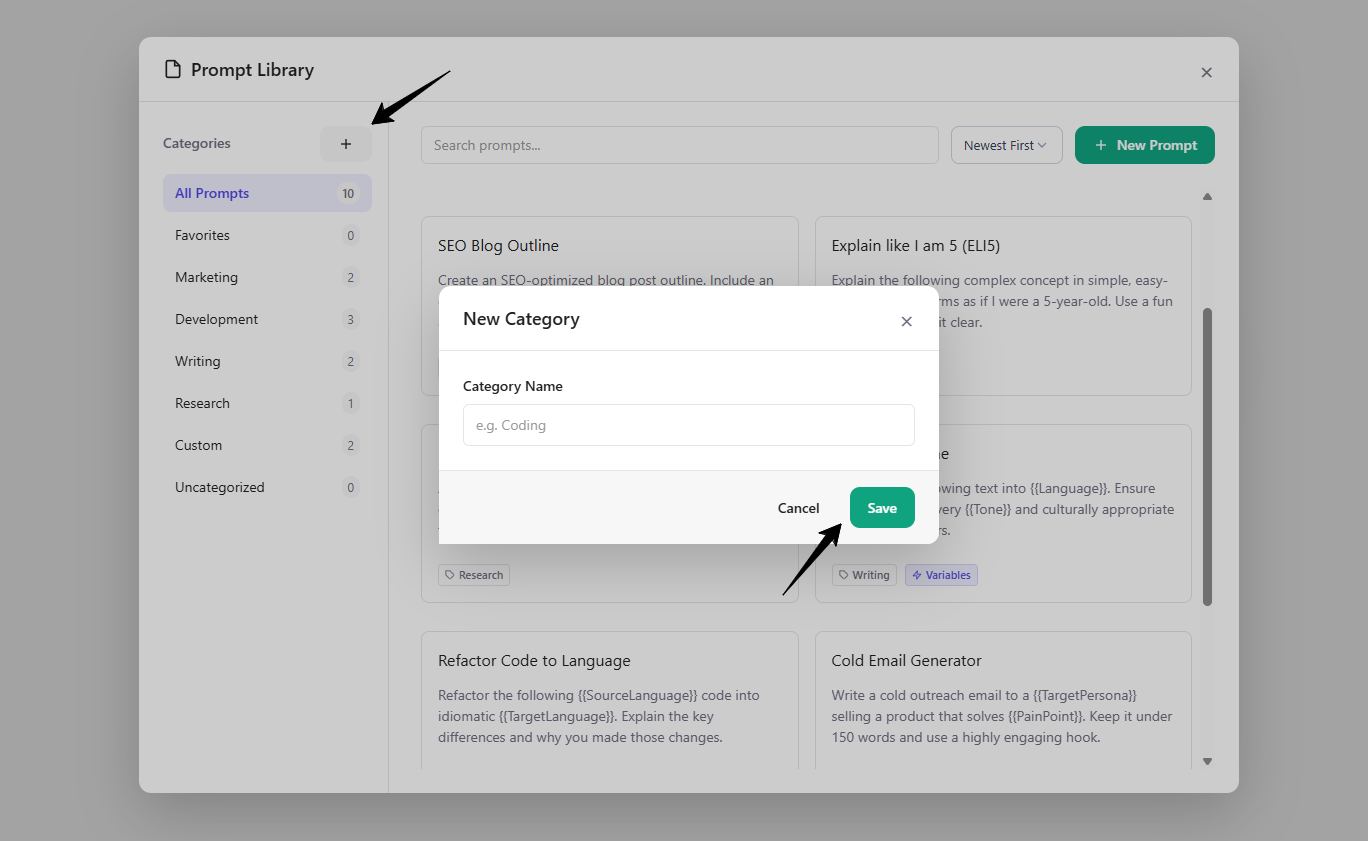 Prompt creation, variables, categories, and favorites