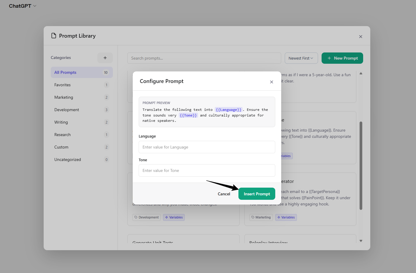 Configure Prompt modal for a template with variables