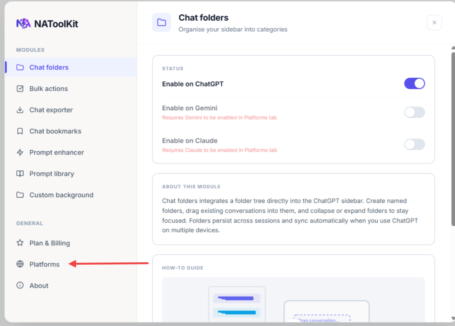Platforms tab selected inside the NAToolKit settings panel